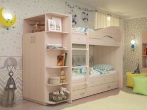 Кровать 2-х ярусная Мая с ящиками и шкафом на латофлексах млечный дуб в Добрянке - dobryanka.magazinmebel.ru | фото